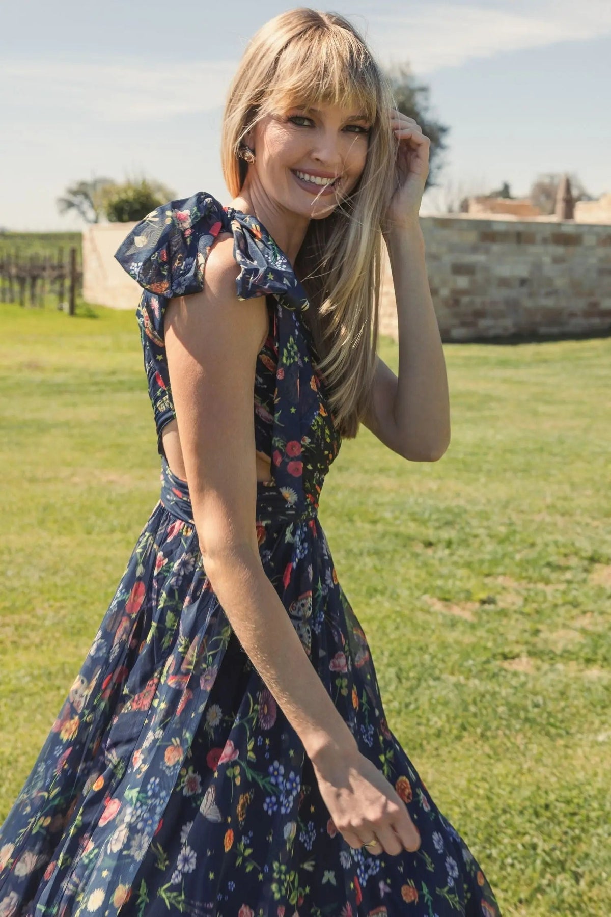 Women's Navy Dress One Shoulder - Navy Satin Floral