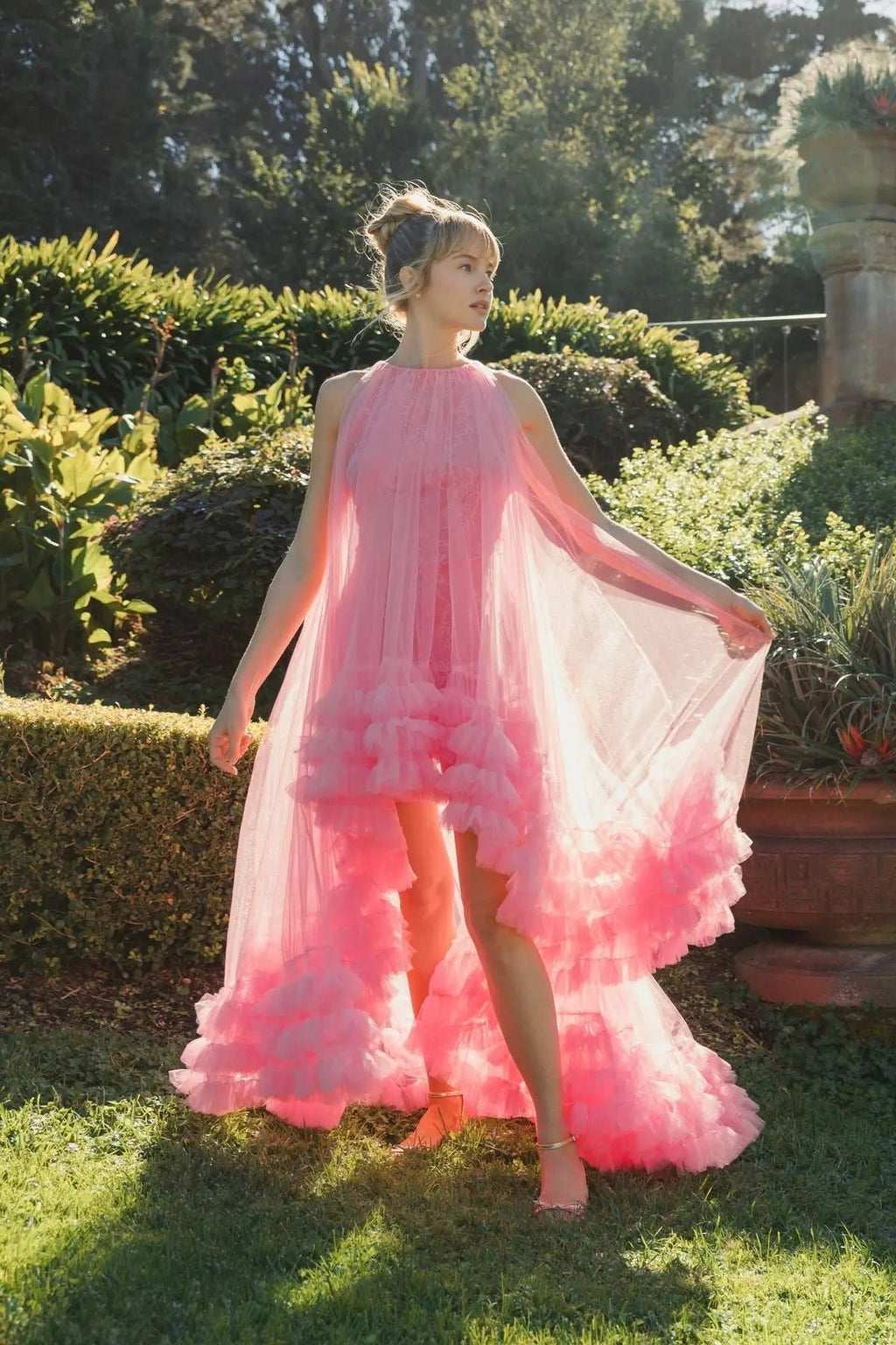 Women's Pink Dress Sleeveless - Pink Lace Ruffle