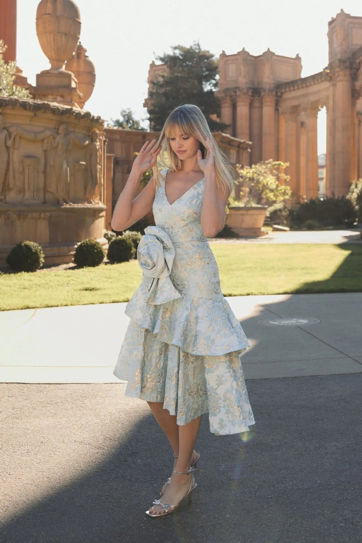 Women's Green Dress Floral - Blue Ruffle Asymmetrical