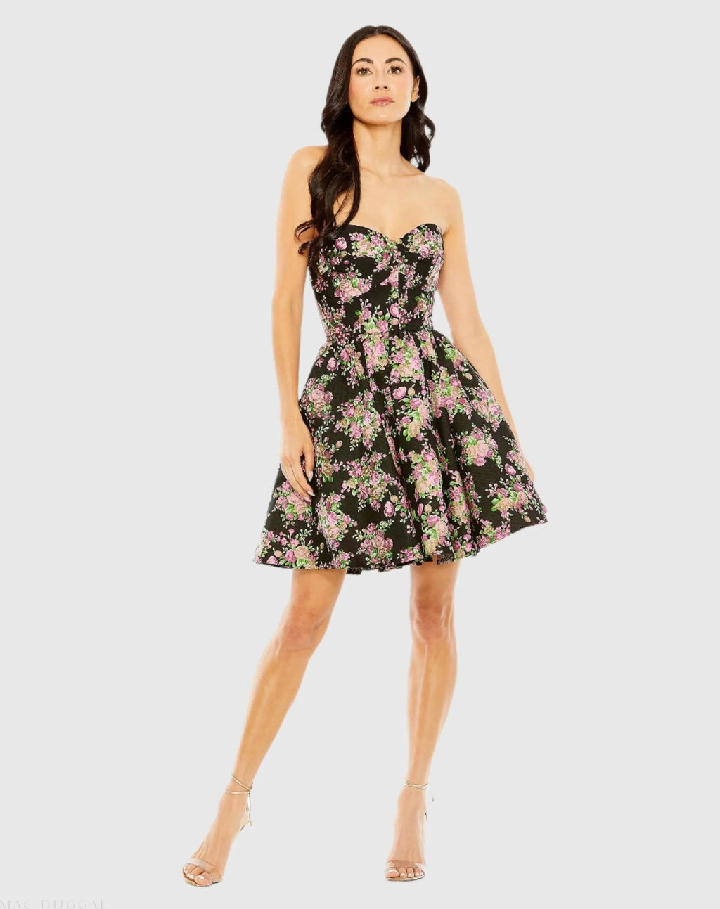 Women's Black Mini Dress Strapless - Black Floral