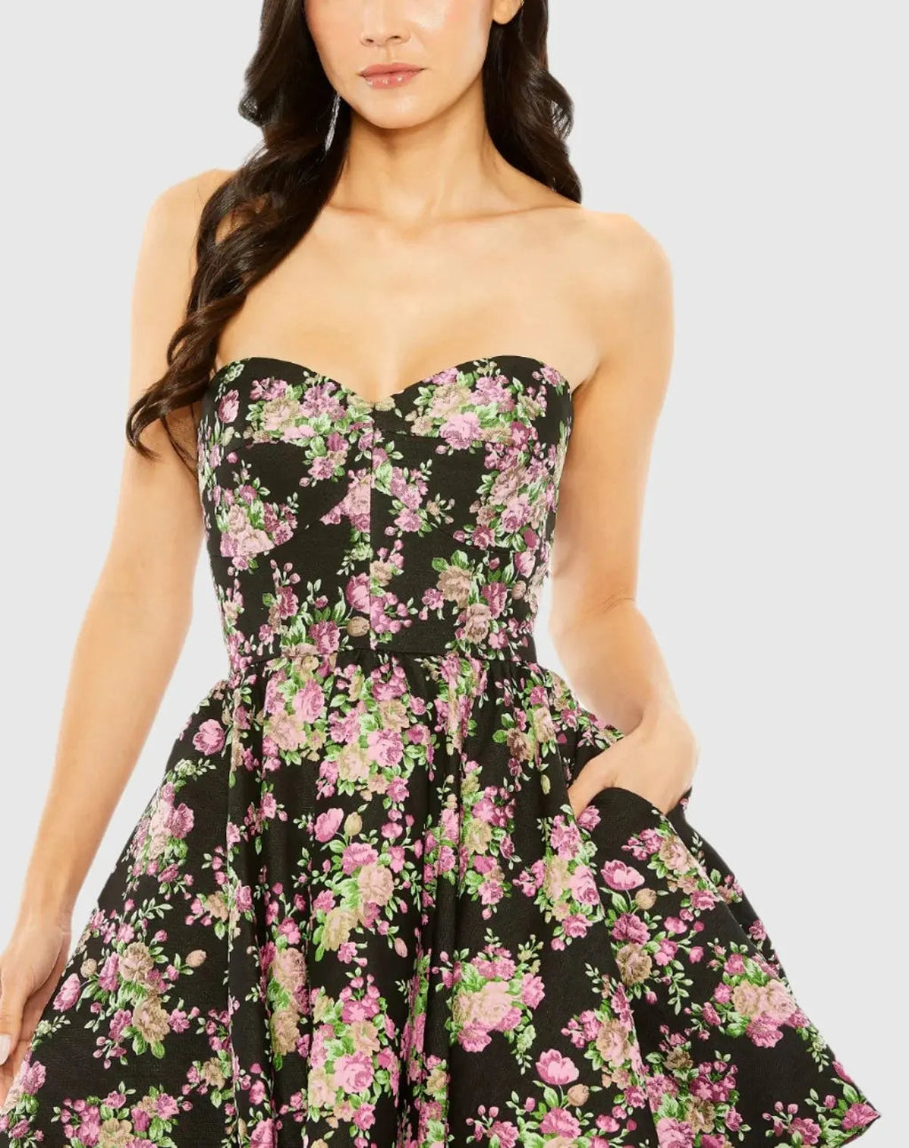 Women's Black Mini Dress Strapless - Black Floral