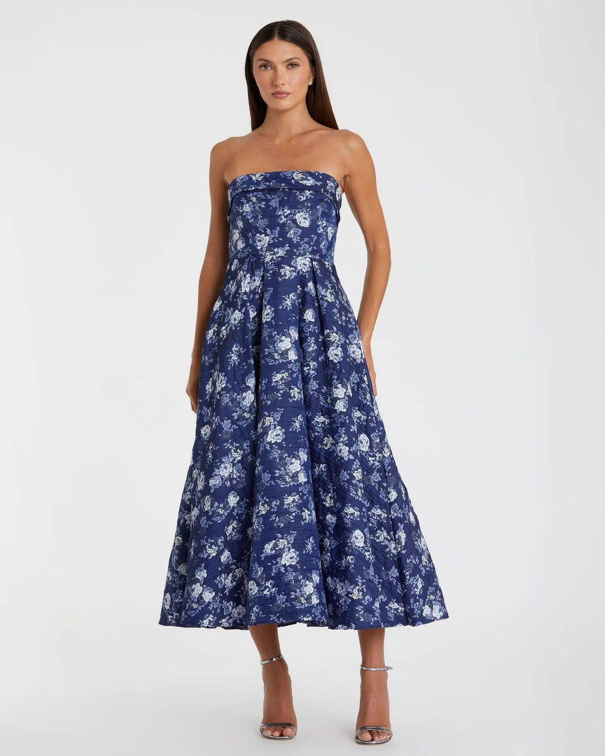 Women's Blue Midi Dress Strapless - Black Floral Pleated