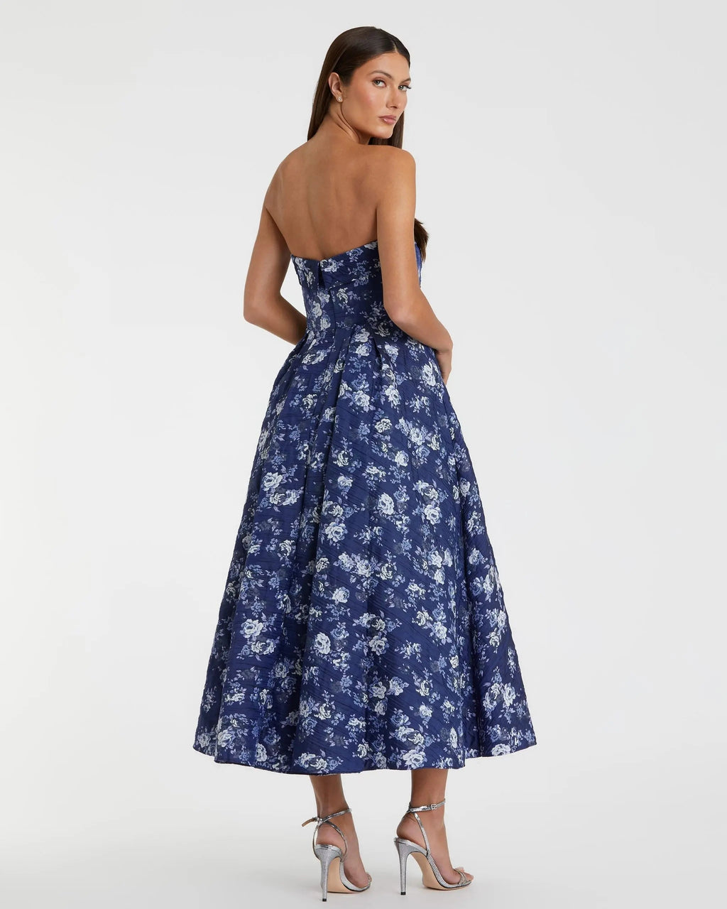 Women's Blue Midi Dress Strapless - Black Floral Pleated