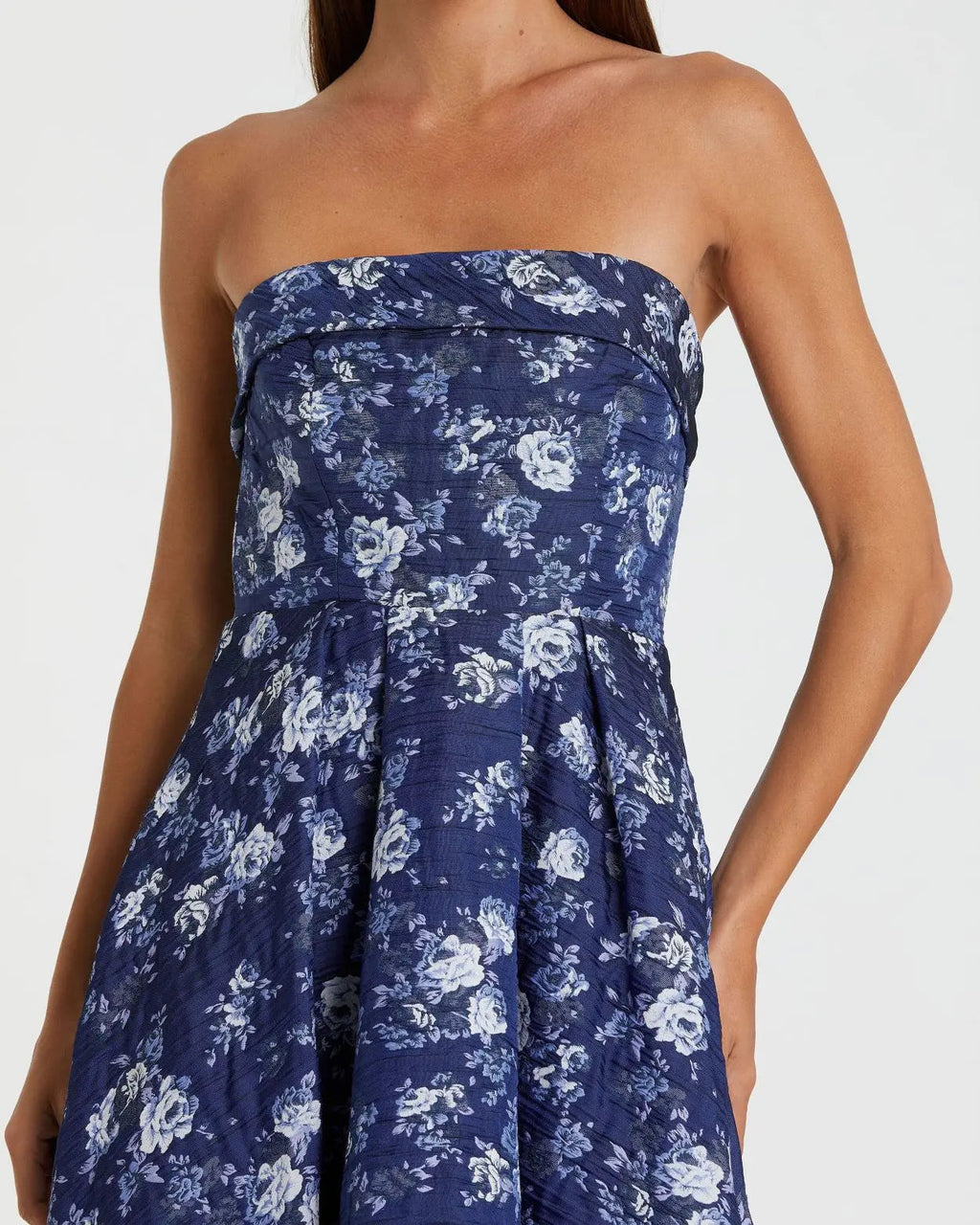 Women's Blue Midi Dress Strapless - Black Floral Pleated