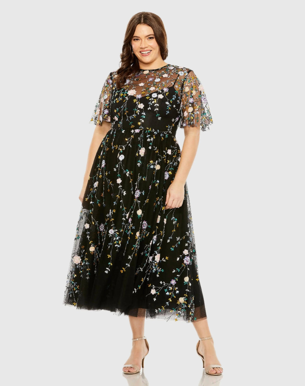 Women's Black Midi Dress Floral - Black Sequin