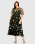 Women's Black Midi Dress Floral - Black Sequin