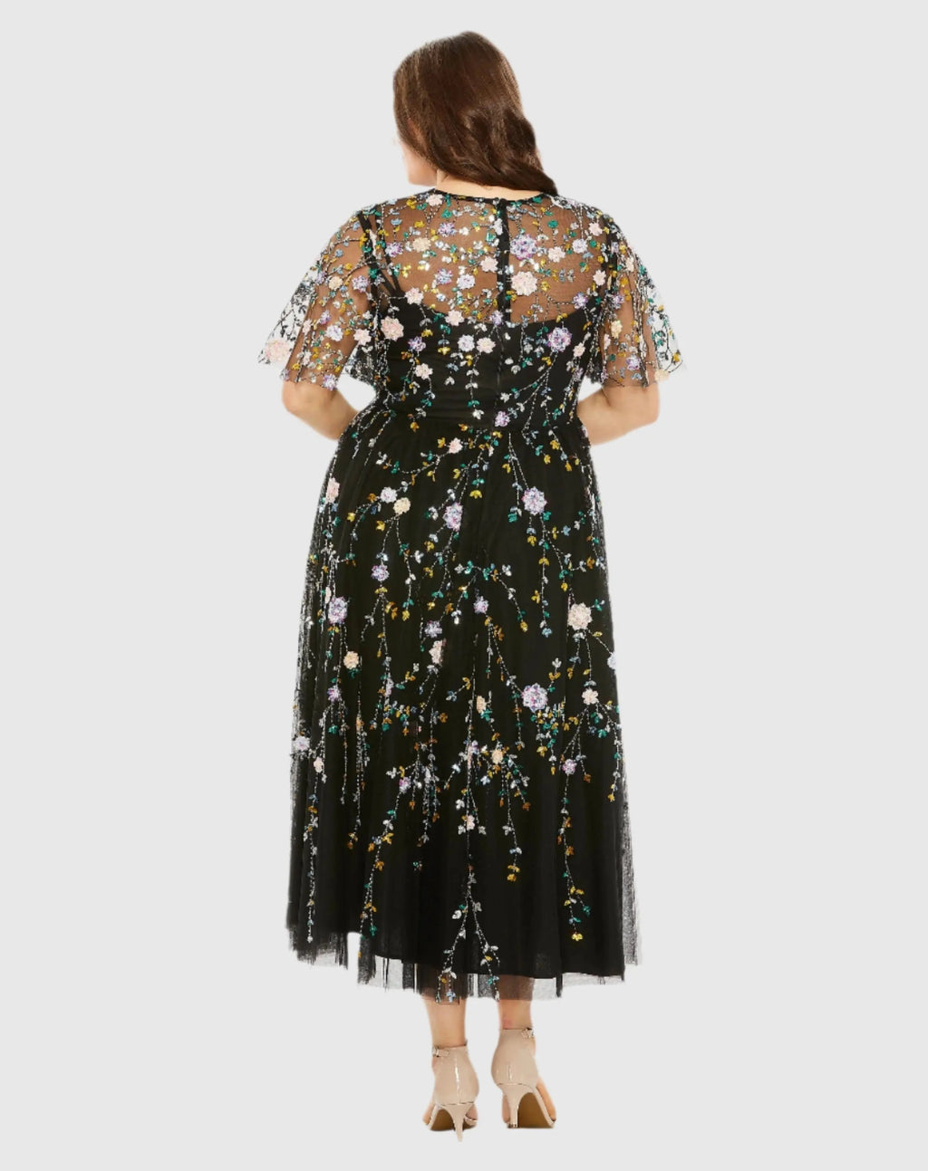 Women's Black Midi Dress Floral - Black Sequin