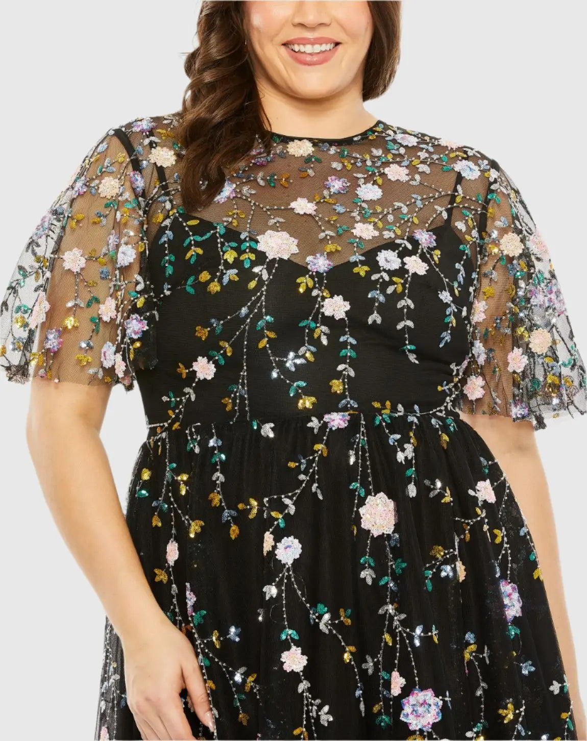 Women's Black Midi Dress Floral - Black Sequin