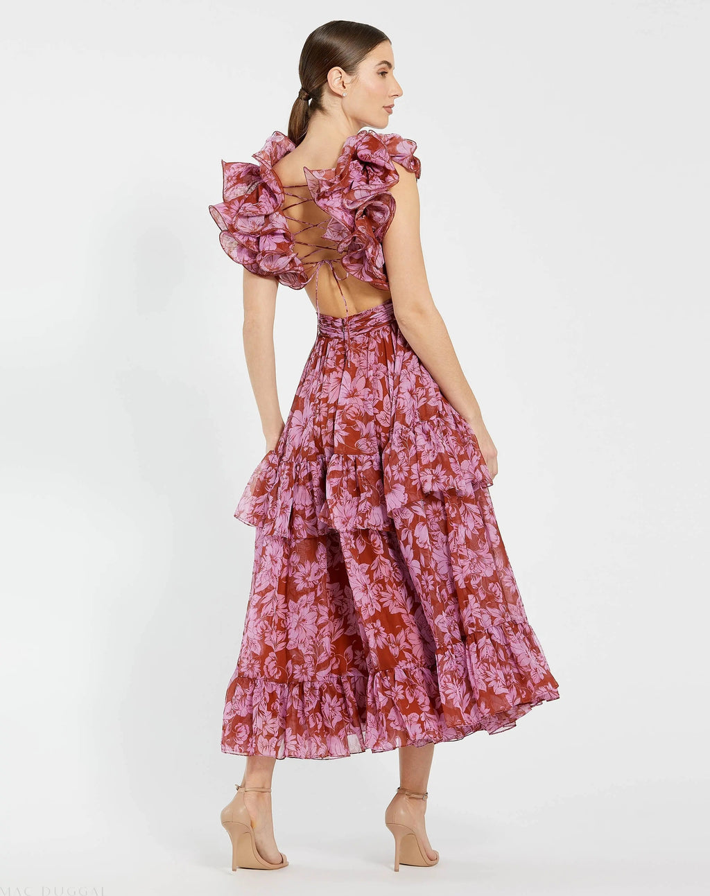 Women's Red Midi Dress - Red Lace Floral
