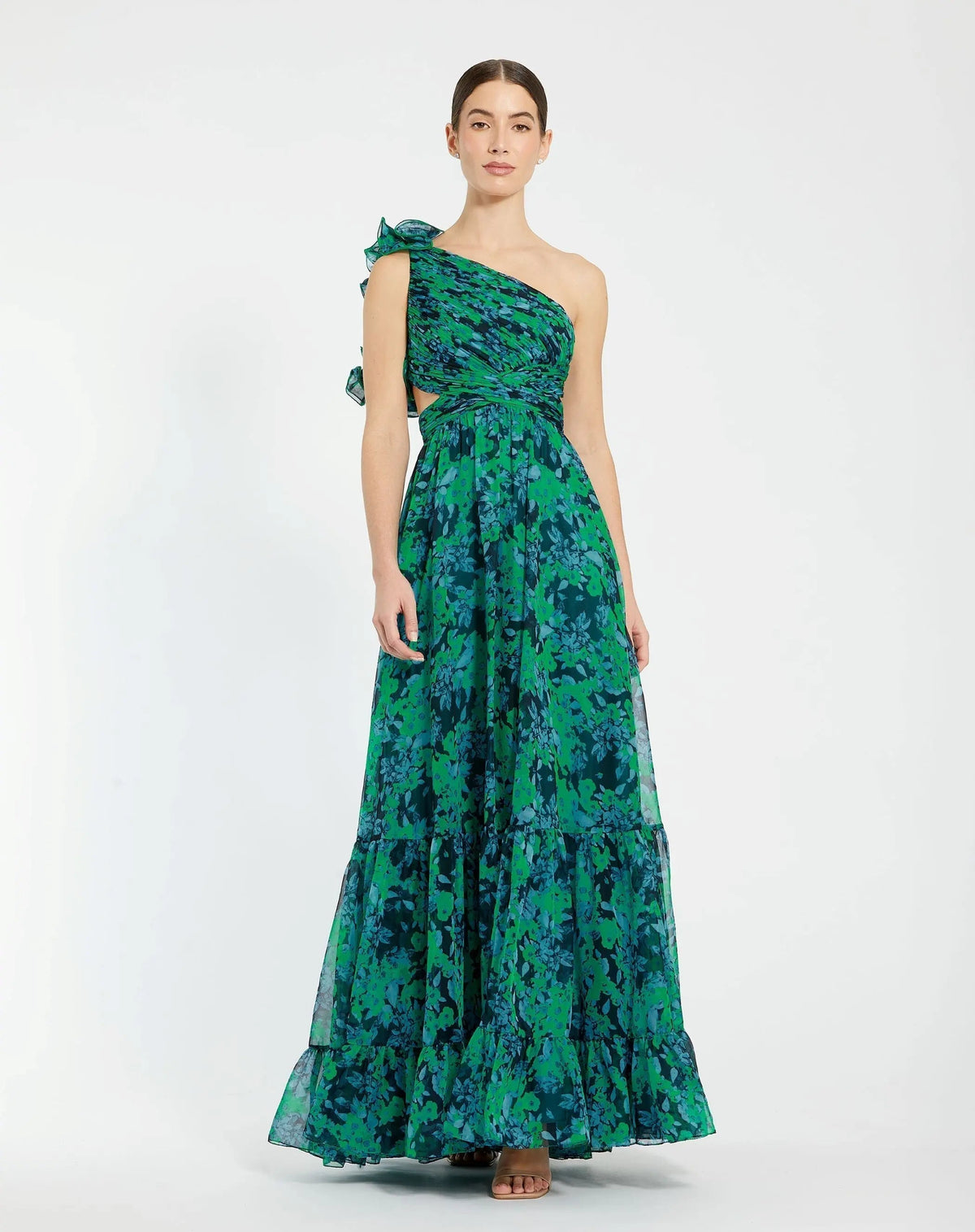 Women's Green Dress One Shoulder - Black Floral Ruffle