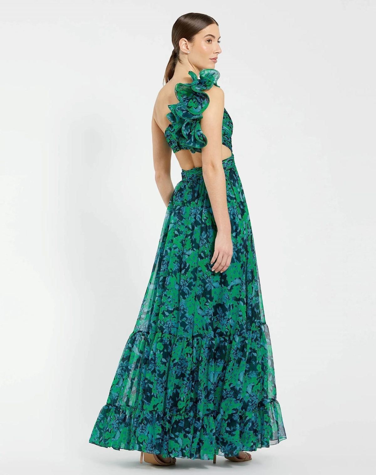 Women's Green Dress One Shoulder - Black Floral Ruffle