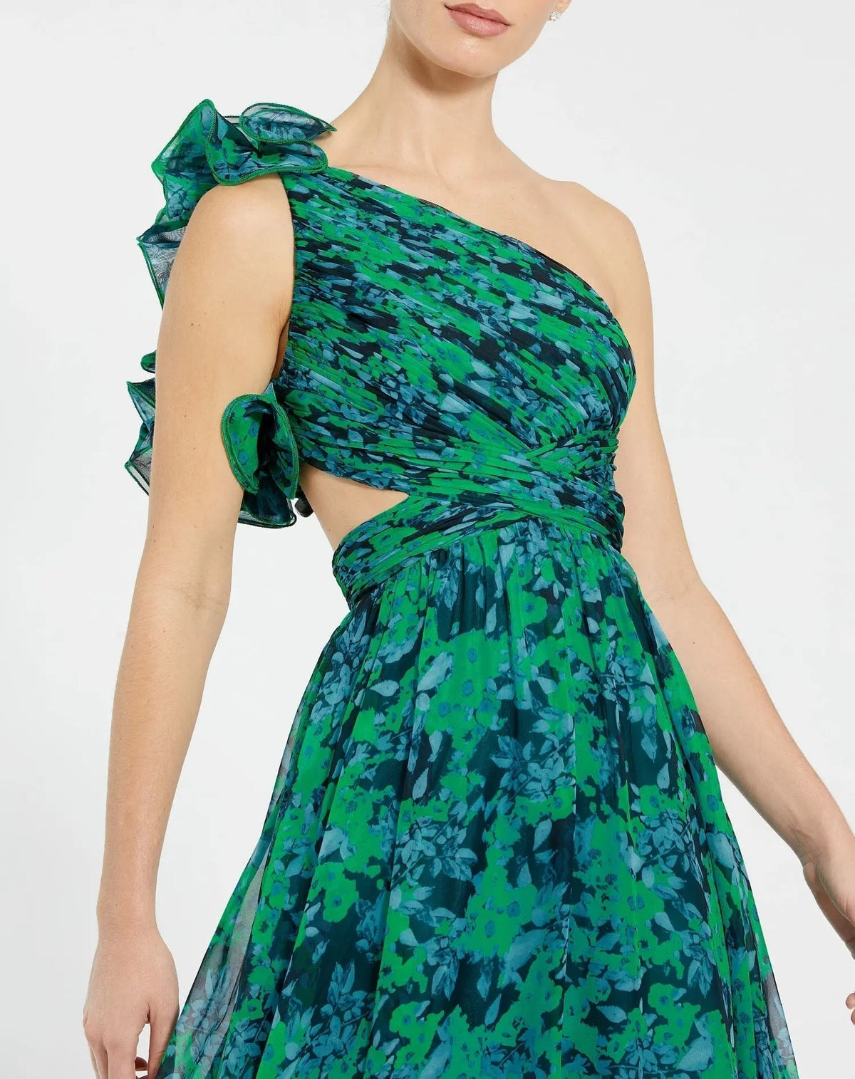 Women's Green Dress One Shoulder - Black Floral Ruffle
