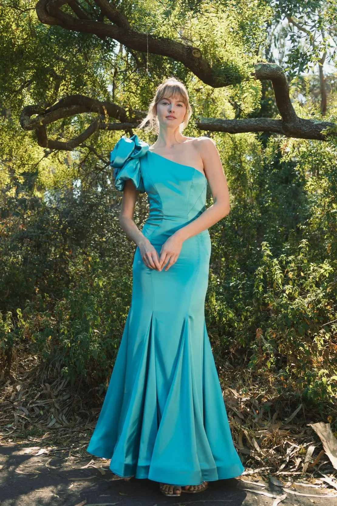 Women's Green Dress Satin One Shoulder