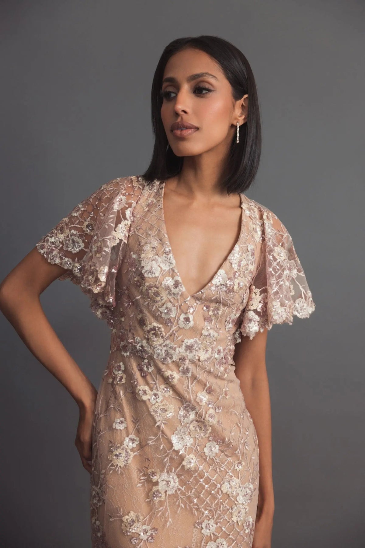 Women's Pink Dress Lace - Black Sequin Floral