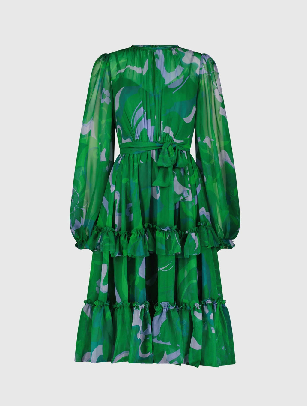 Women's Green Midi Dress - Green Floral Ruffle