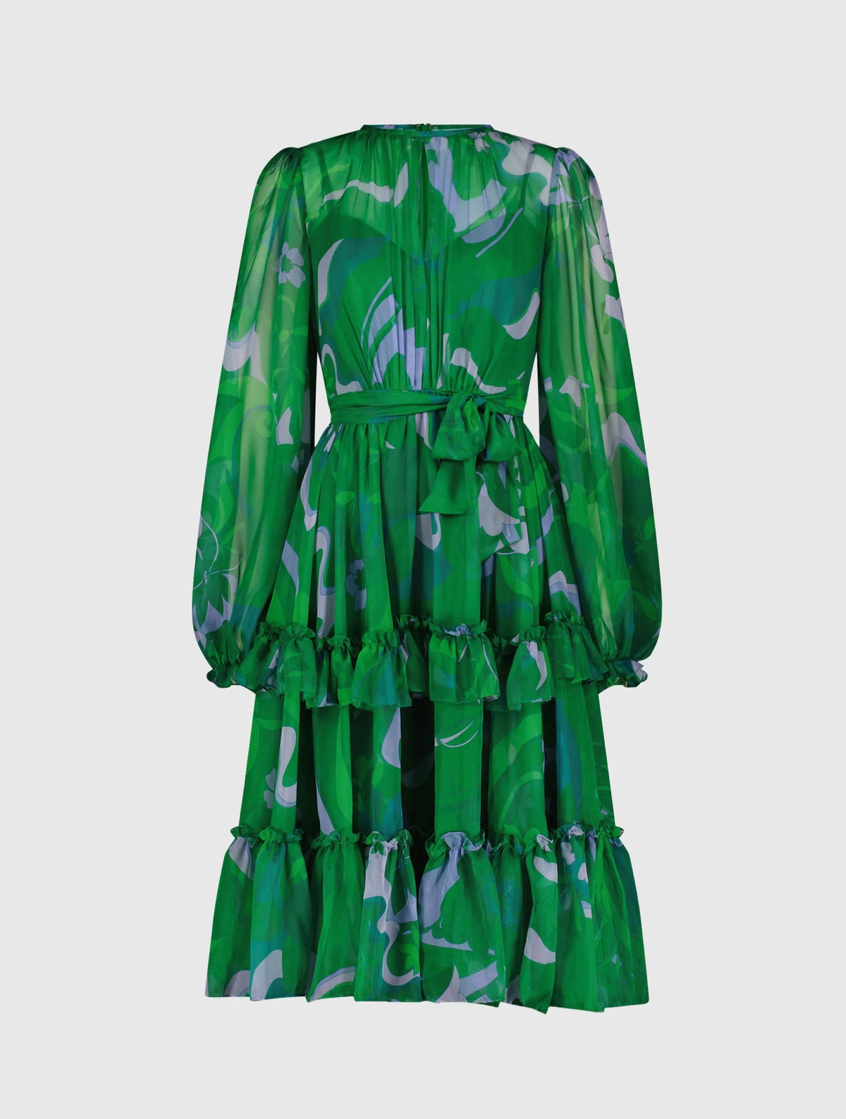 Women's Green Midi Dress - Green Floral Ruffle