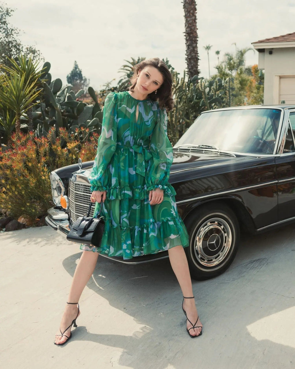Women's Green Midi Dress - Green Floral Ruffle