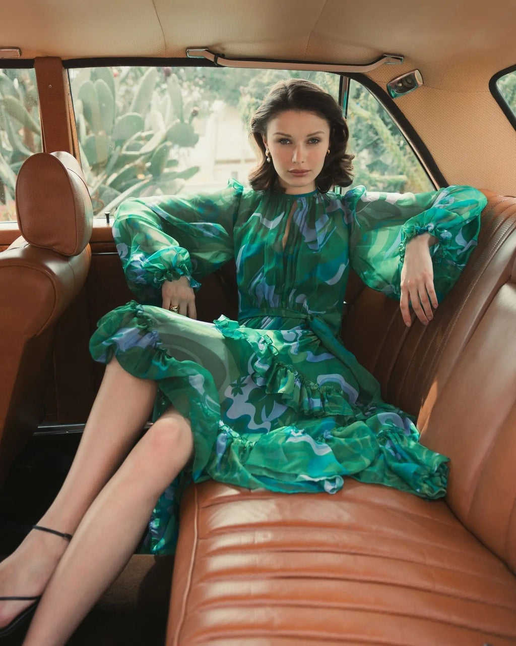Women's Green Midi Dress - Green Floral Ruffle