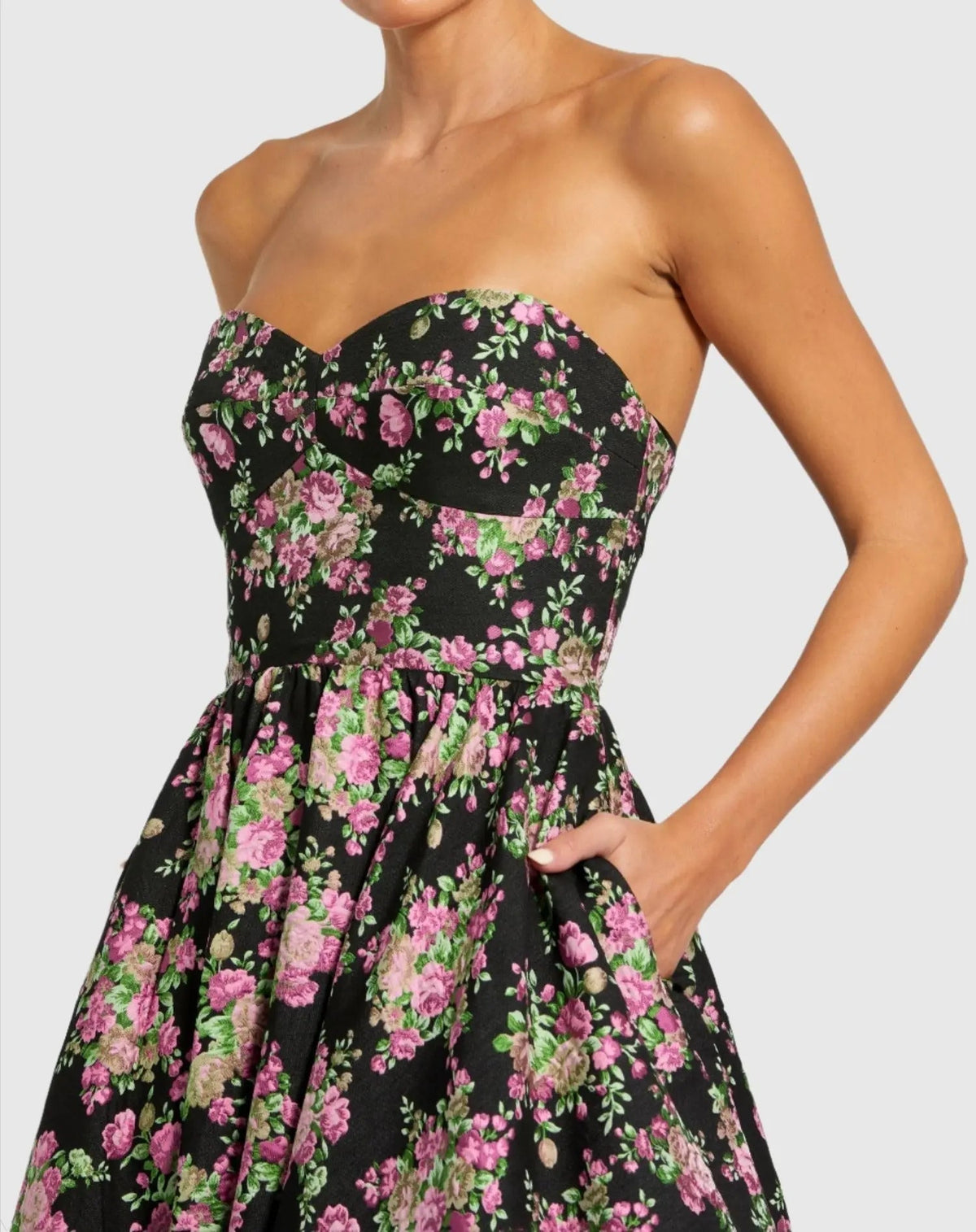 Women's Black Dress Floral Strapless - Black