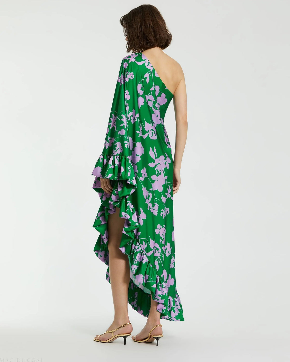 Women's Green Dress One Shoulder - Green Satin Floral