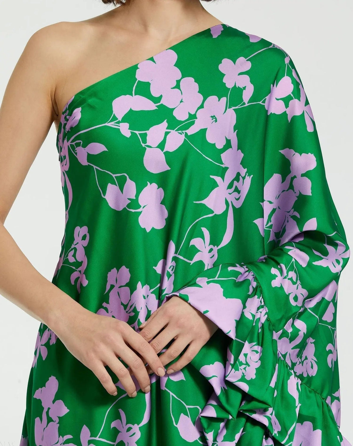 Women's Green Dress One Shoulder - Green Satin Floral