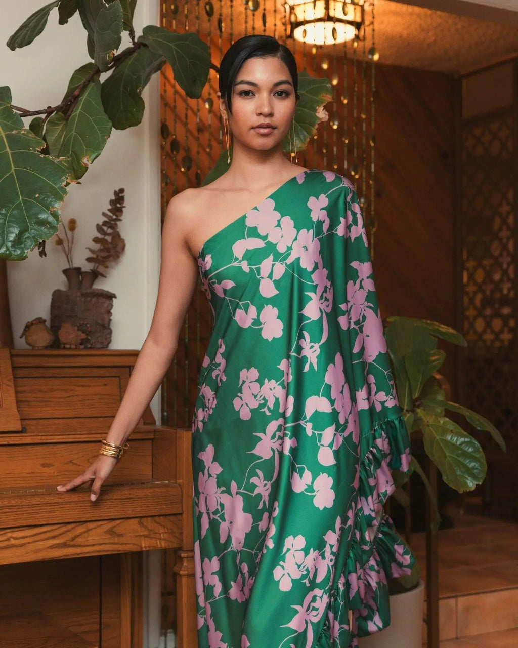 Women's Green Dress One Shoulder - Green Satin Floral