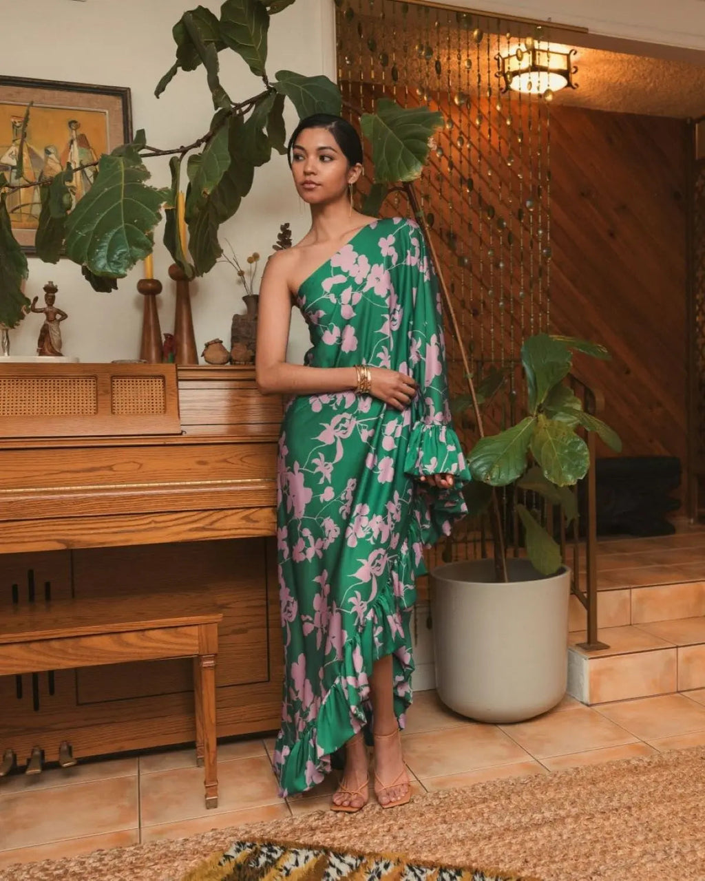 Women's Green Dress One Shoulder - Green Satin Floral