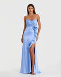 Women's Blue Dress Satin Strapless - Black Floral Ruched