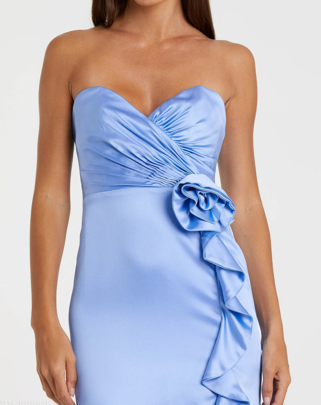Women's Blue Dress Satin Strapless - Black Floral Ruched