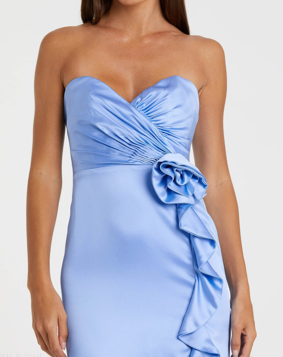 Women's Blue Dress Satin Strapless - Black Floral Ruched
