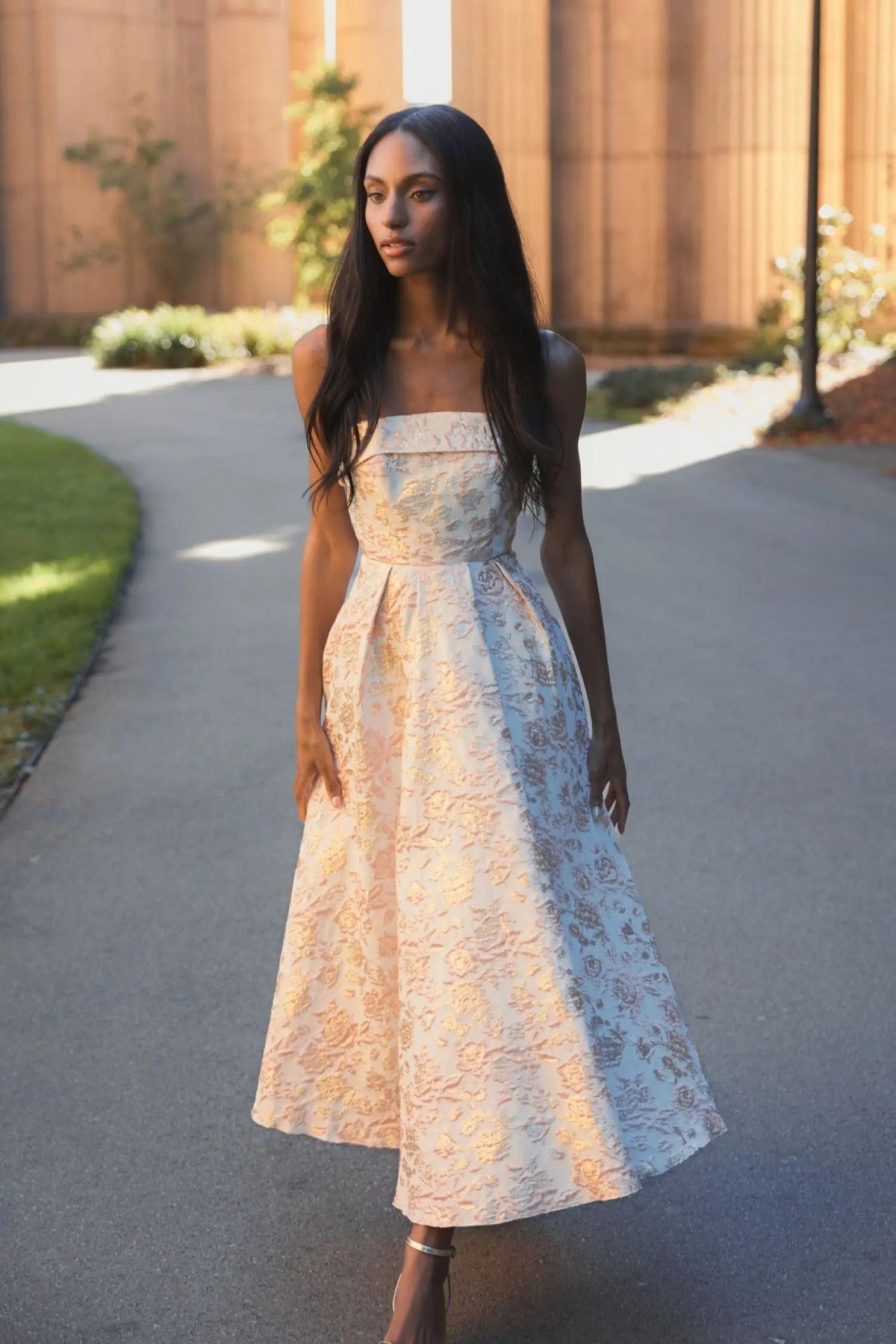 Women's White Midi Dress Floral Strapless - White