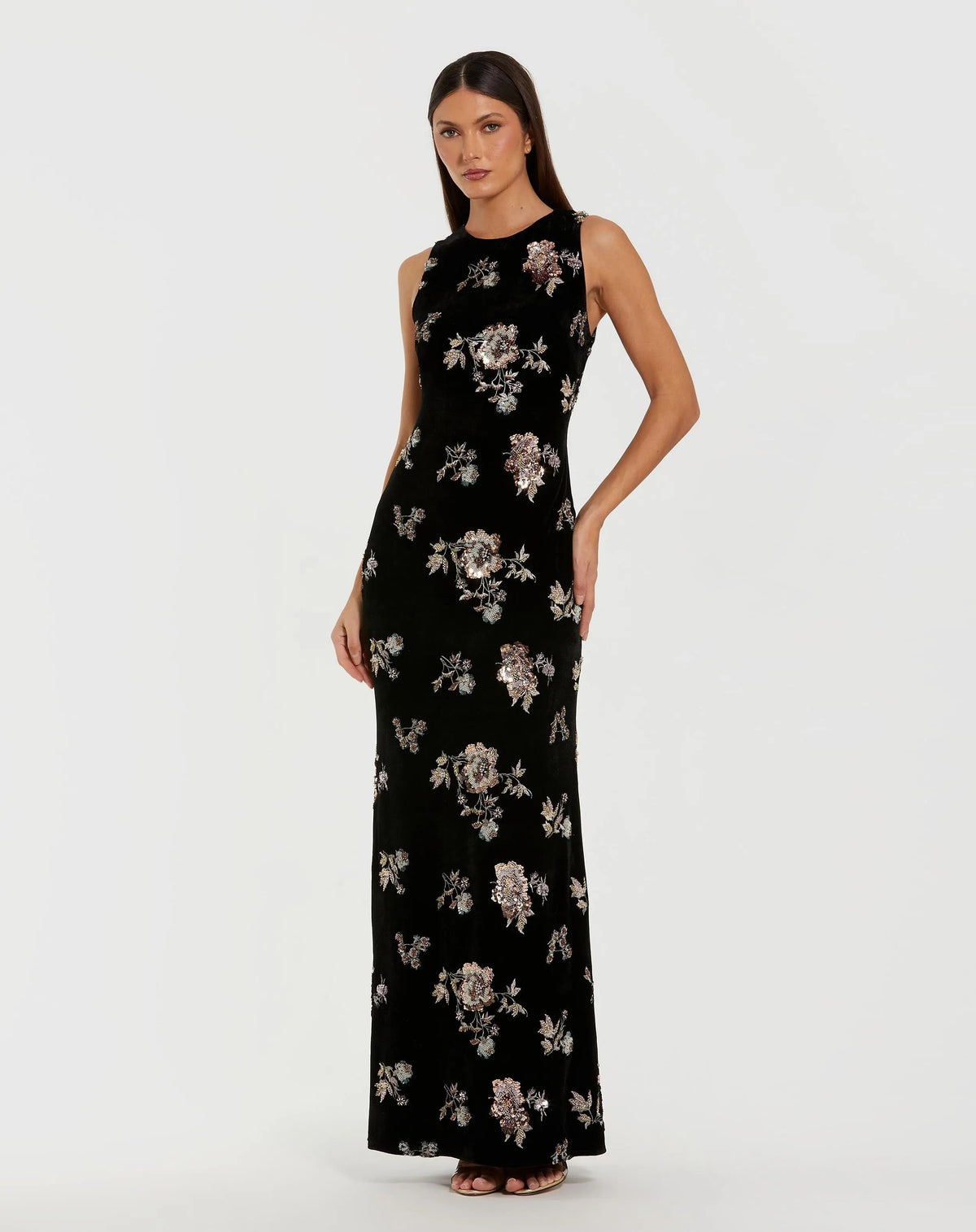 Women's Black Evening Dress Floral Sleeveless for Evening & Special Occasions - Black Sequin Velvet