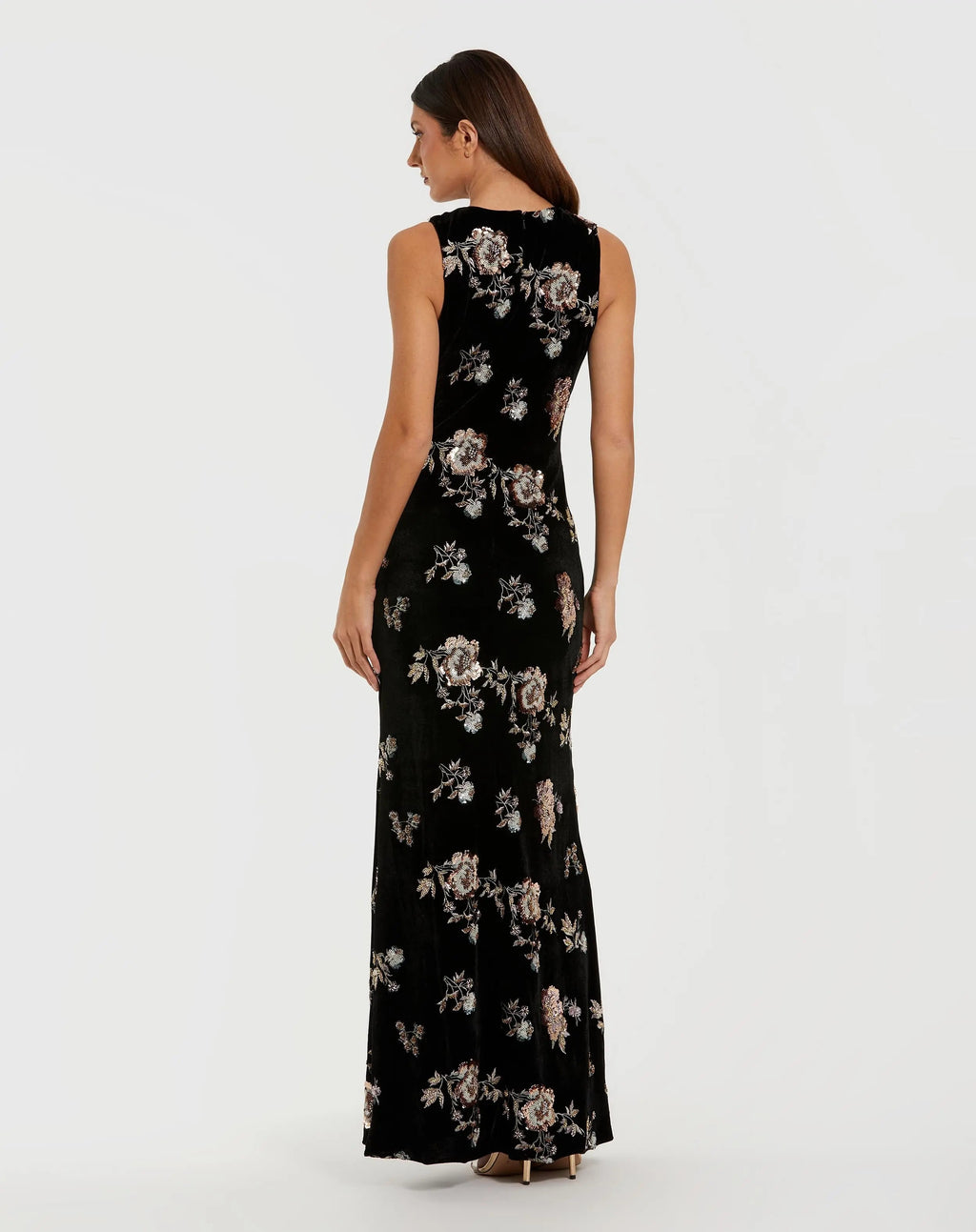 Women's Black Evening Dress Floral Sleeveless for Evening & Special Occasions - Black Sequin Velvet