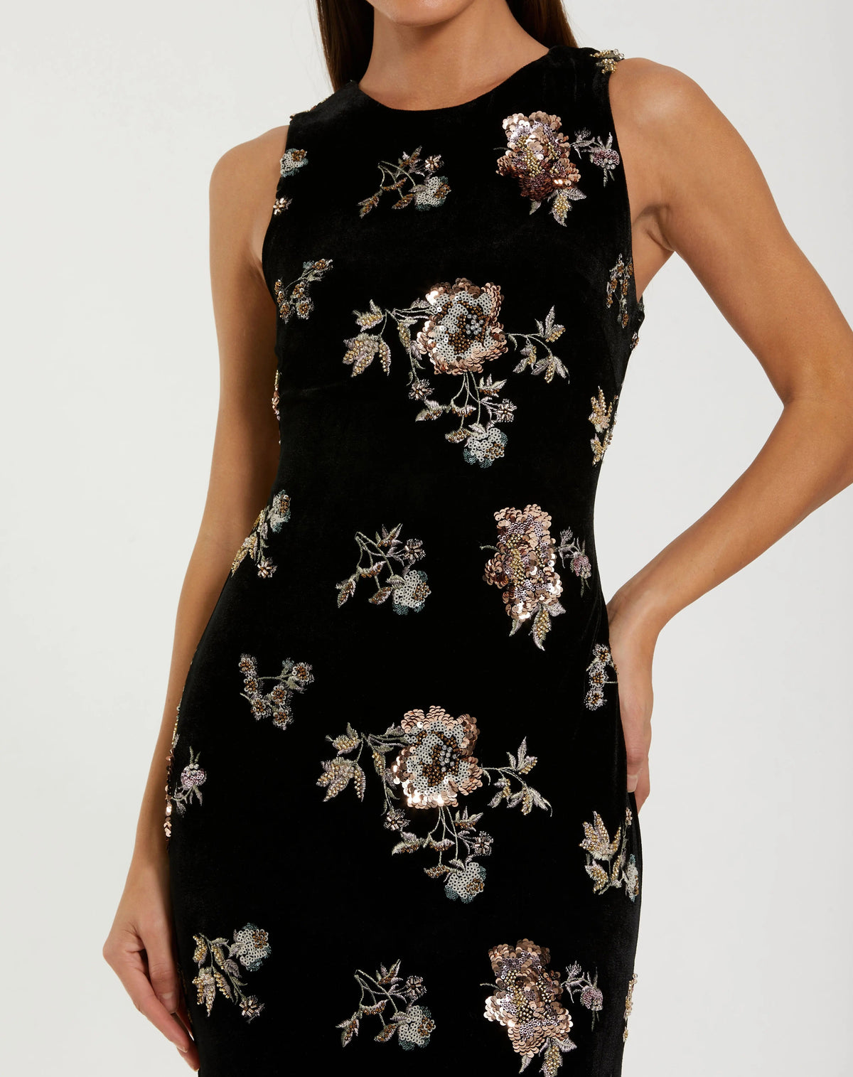 Women's Black Evening Dress Floral Sleeveless for Evening & Special Occasions - Black Sequin Velvet
