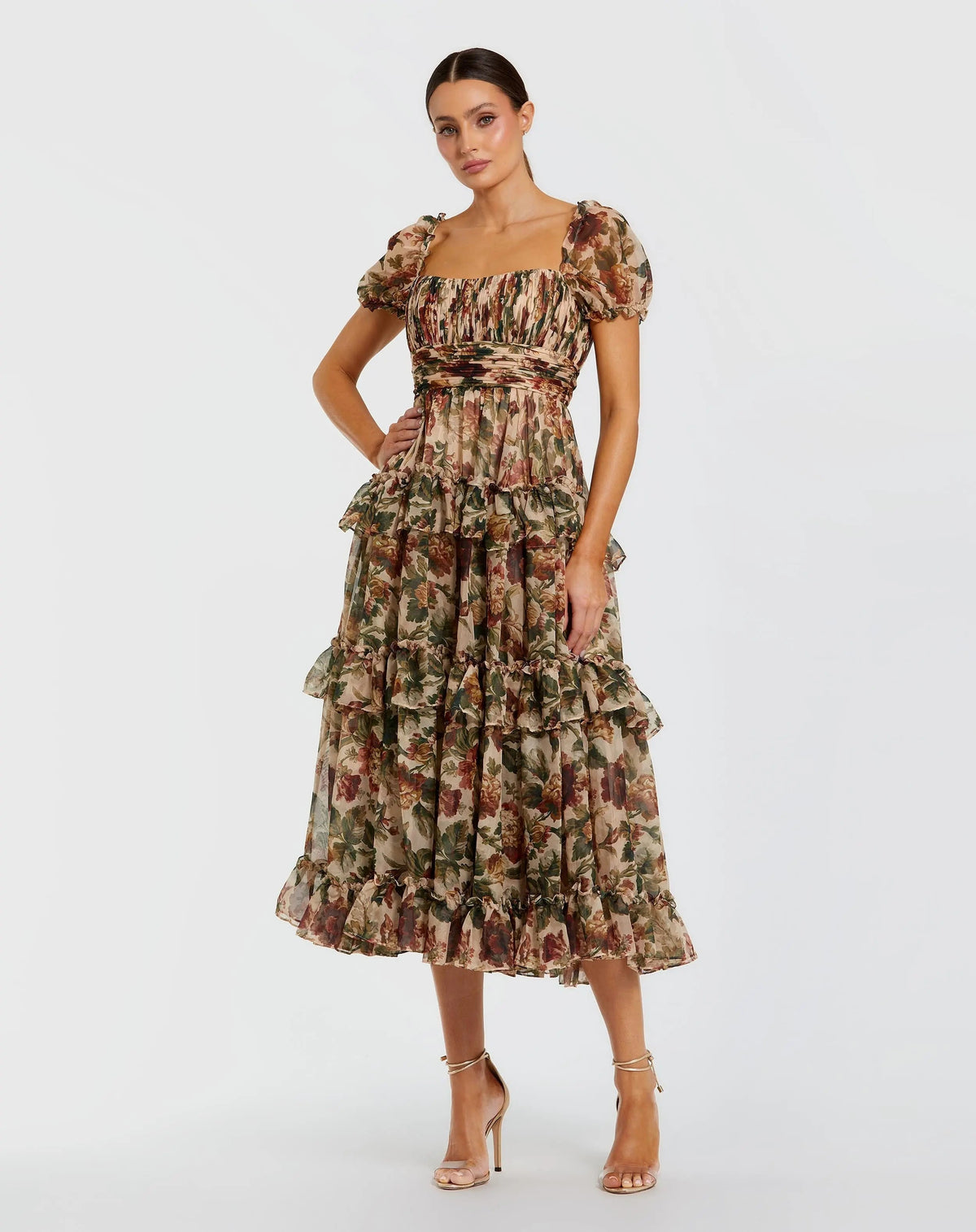 Women's Beige Midi Dress - Beige Floral Ruched