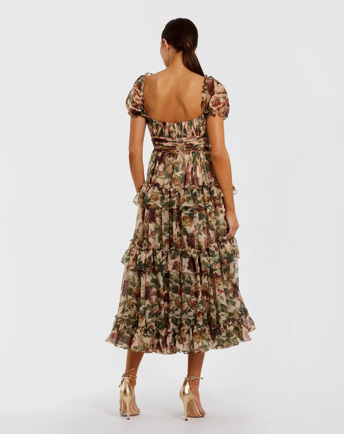 Women's Beige Midi Dress - Beige Floral Ruched