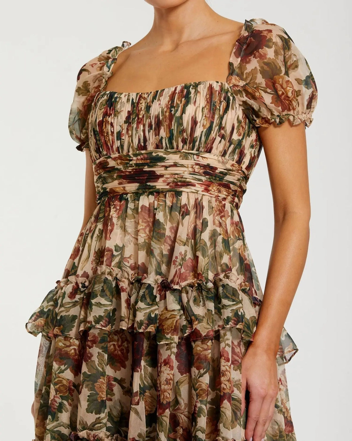 Women's Beige Midi Dress - Beige Floral Ruched
