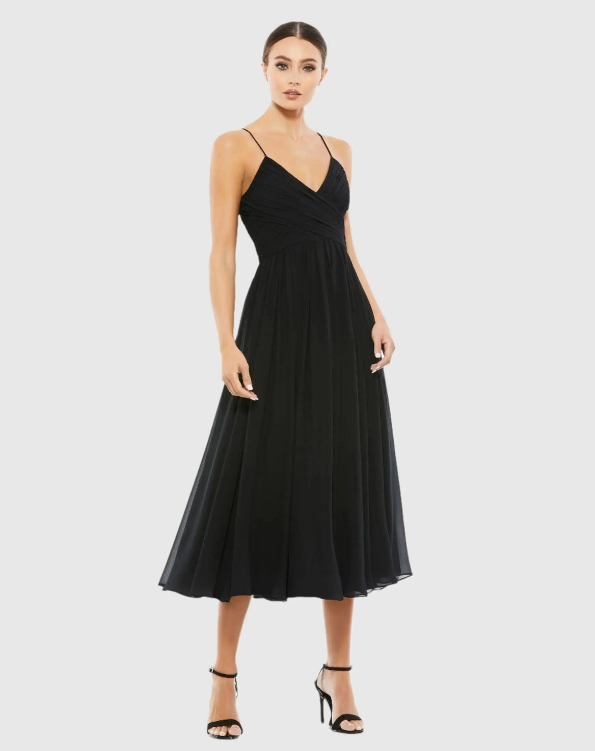 Women's Black Midi Dress Sleeveless - Black Ruched Chiffon