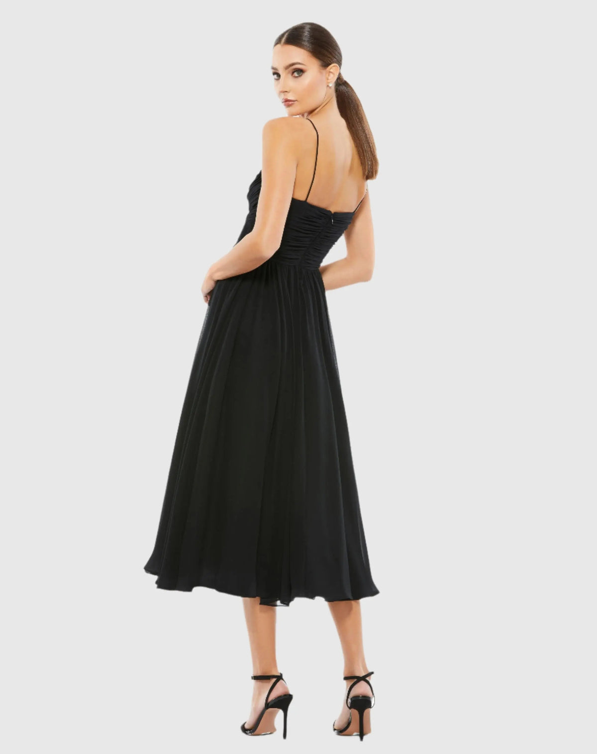 Women's Black Midi Dress Sleeveless - Black Ruched Chiffon