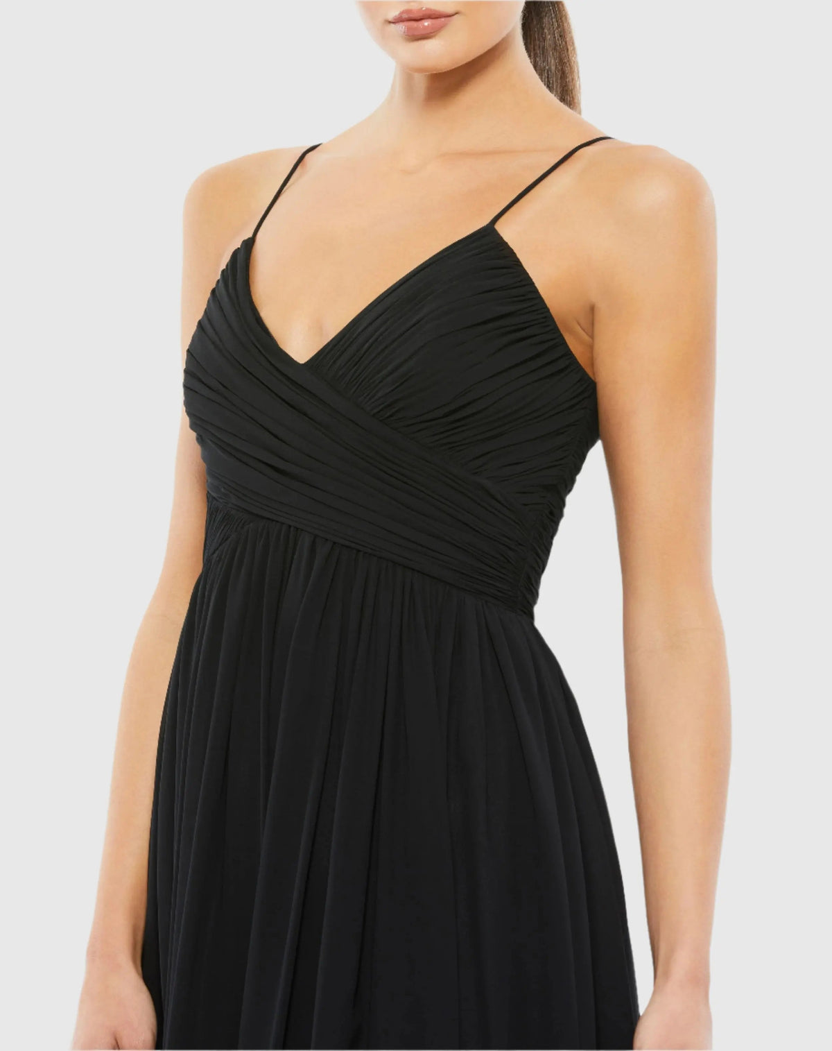 Women's Black Midi Dress Sleeveless - Black Ruched Chiffon