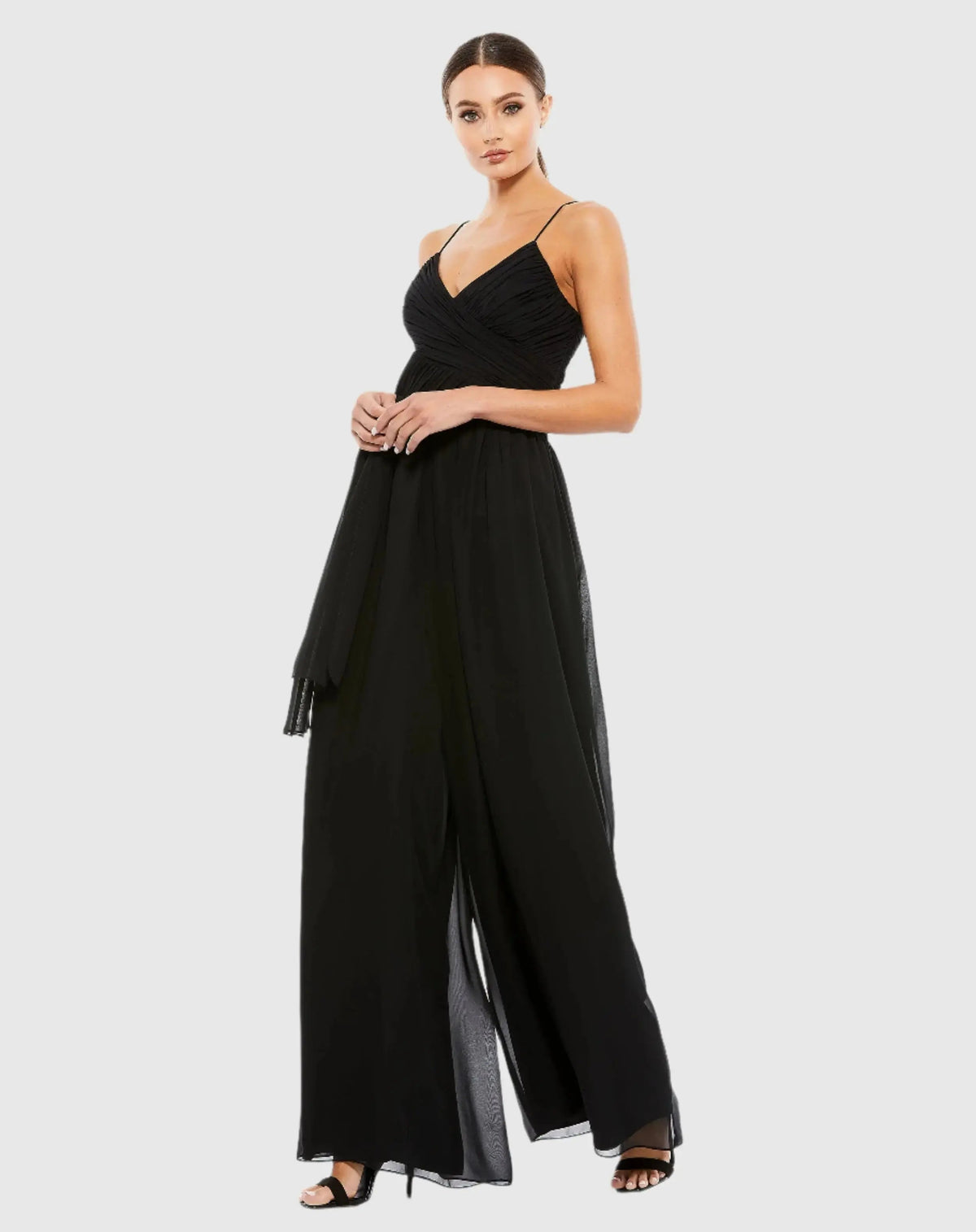 Women's Black Flowy Faux Wrap Jumpsuit