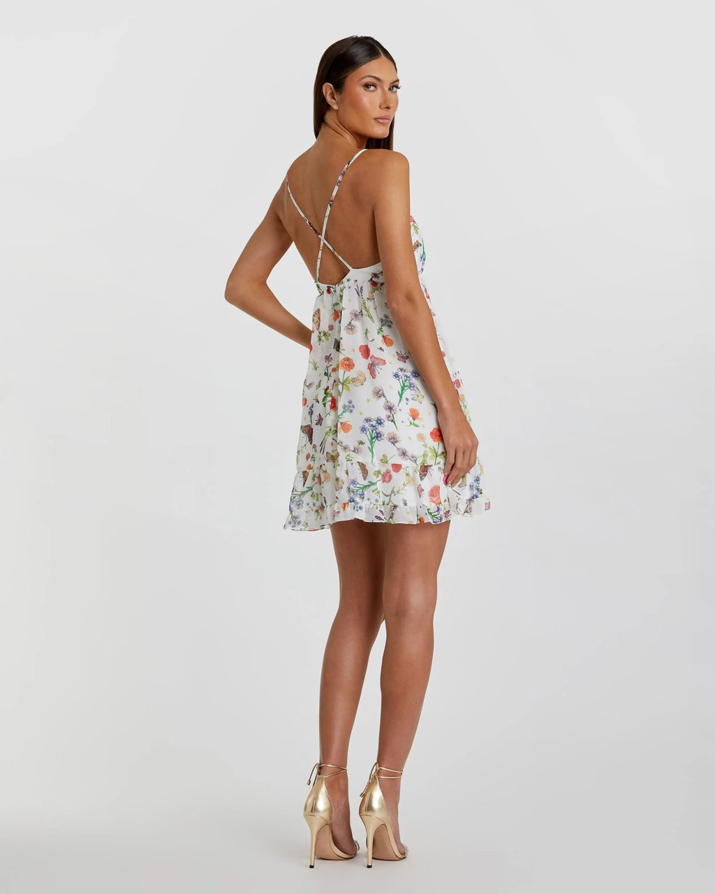 Women's White Mini Dress - White Floral Ruffle