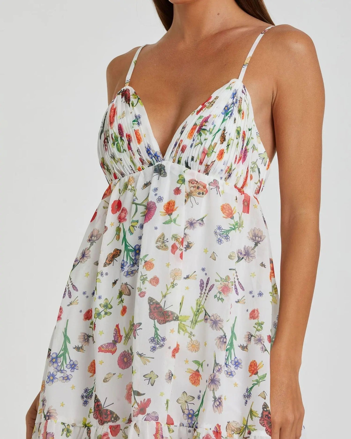 Women's White Mini Dress - White Floral Ruffle