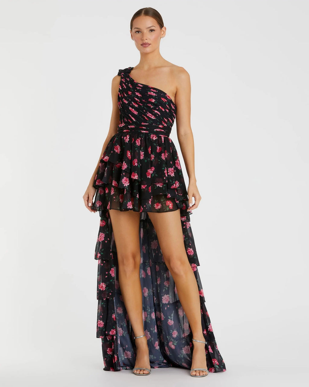 Women's Black Dress One Shoulder - Black Floral Ruched