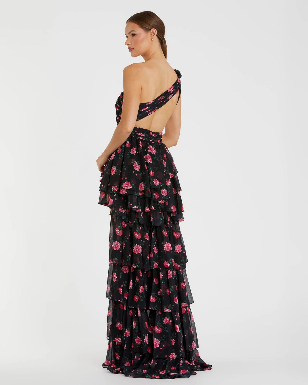 Women's Black Dress One Shoulder - Black Floral Ruched
