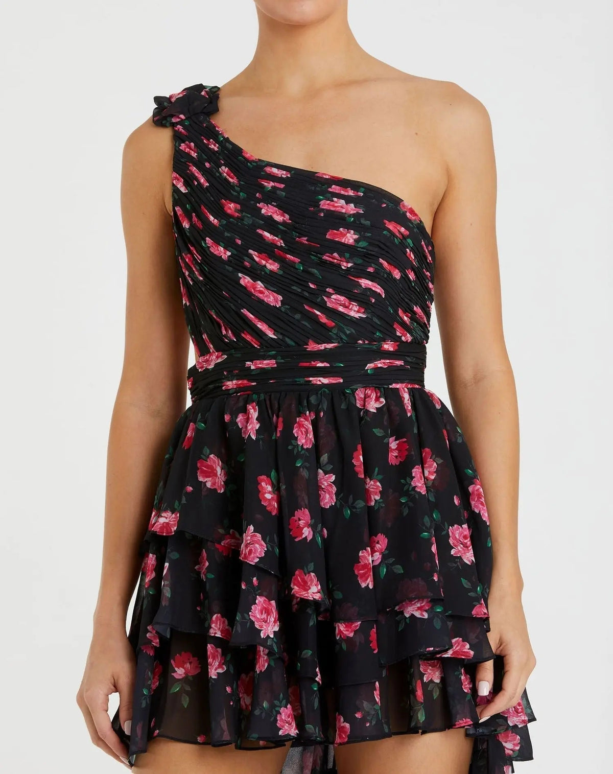Women's Black Dress One Shoulder - Black Floral Ruched