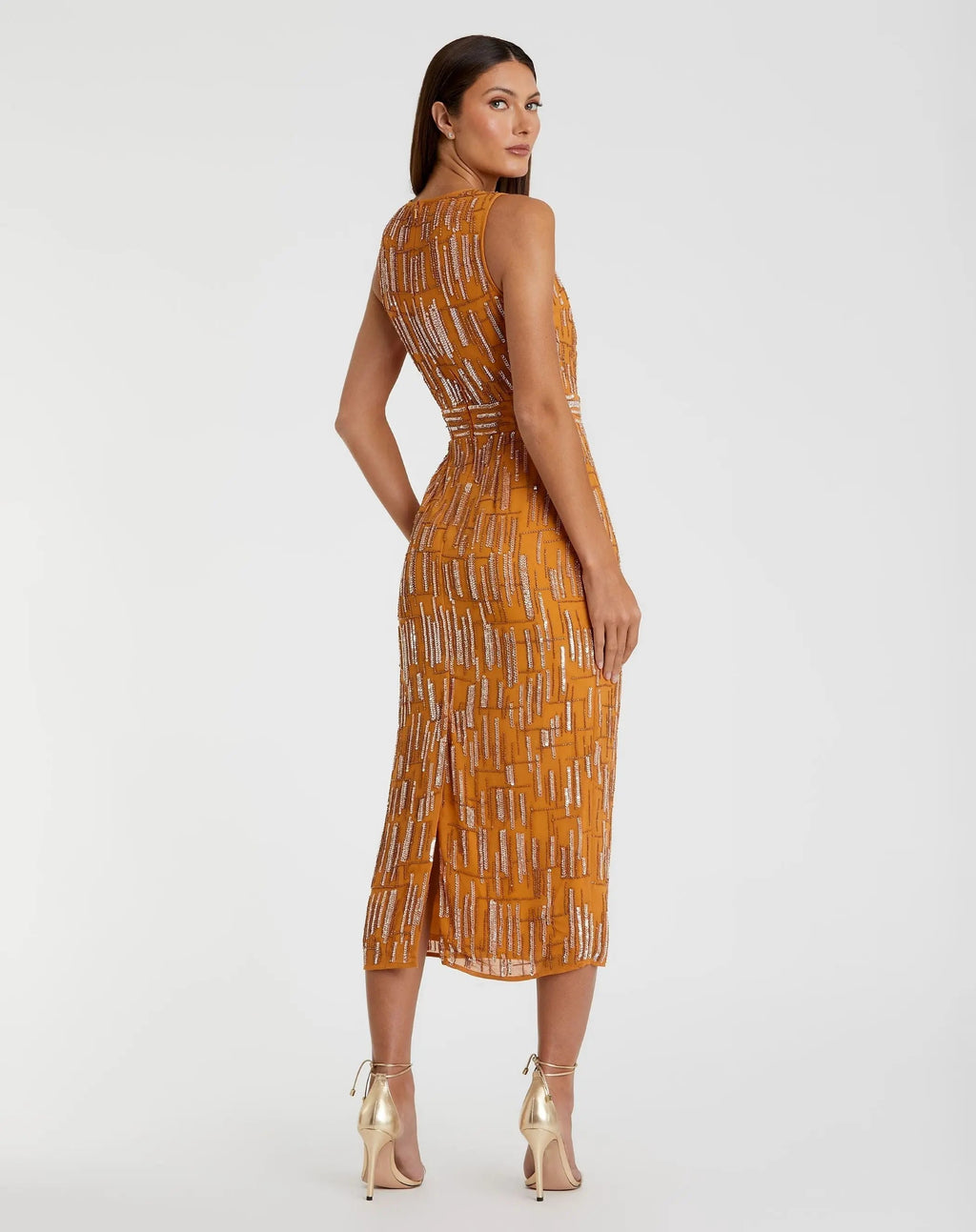 Women's Orange Midi Dress Sleeveless - Orange Sequin