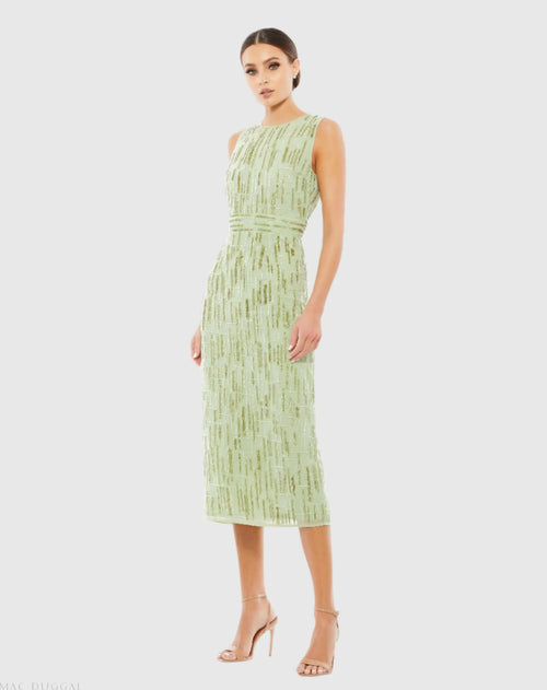 Abstract Beaded Sleeveless Midi Sheath Dress