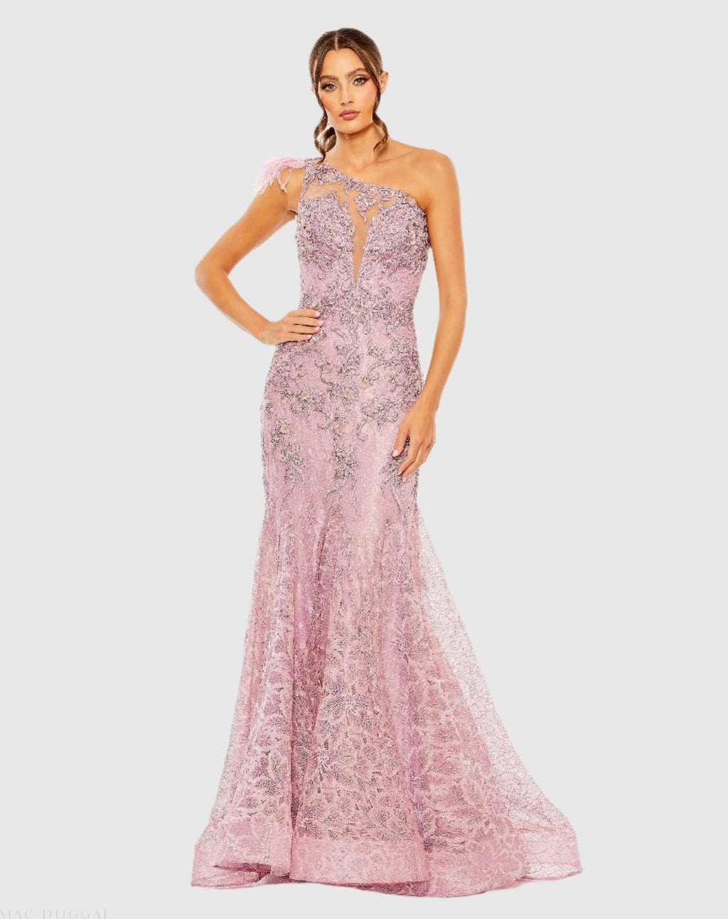 Women's Pink Dress One Shoulder - Black Lace Floral