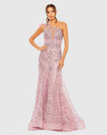 Women's Pink Dress One Shoulder - Black Lace Floral